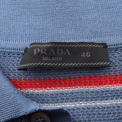 PRADA Striped Silk Short Sleeve Polo Blue Size 46