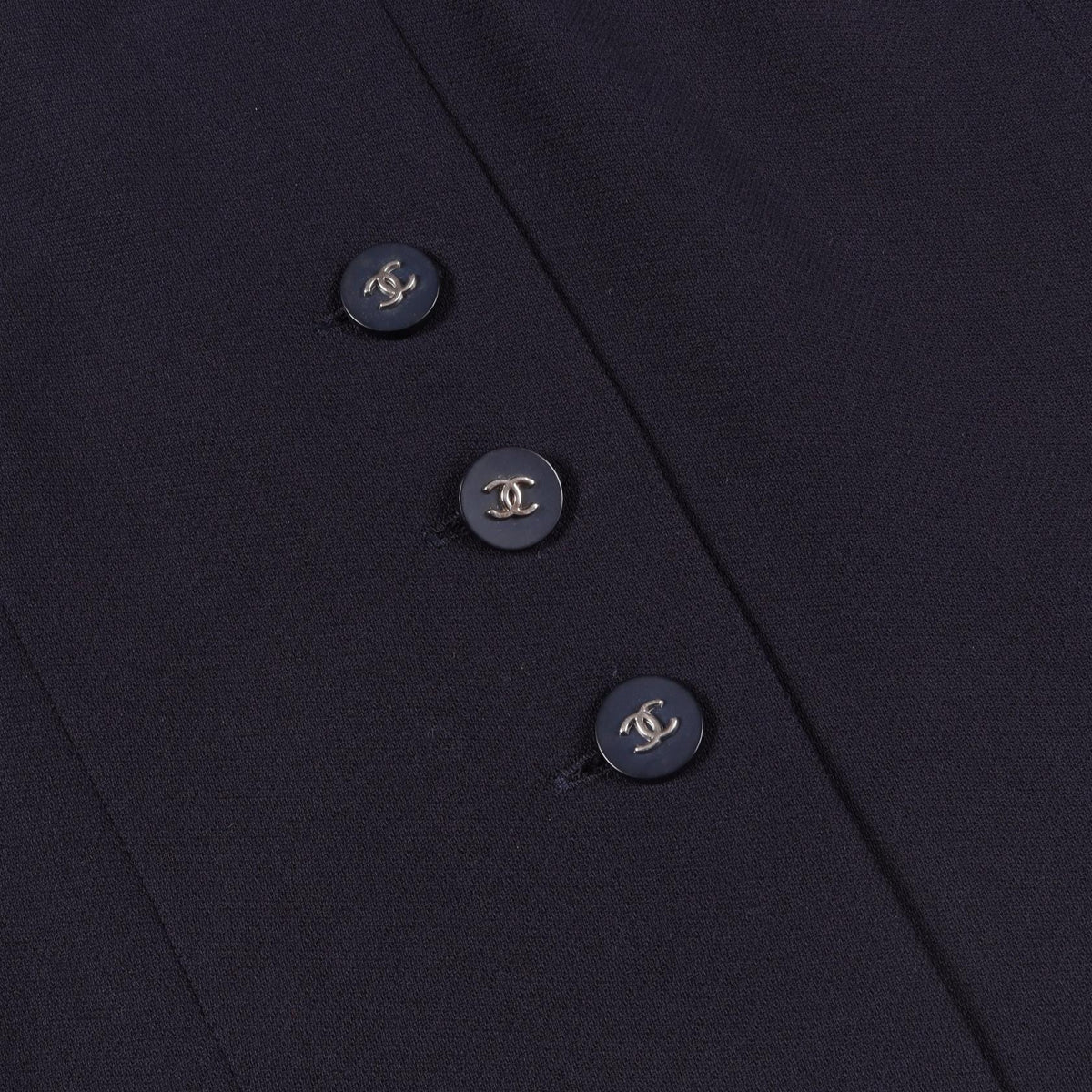 CHANEL Coco Mark Button Navy Wool Sleeveless Dress Size 40