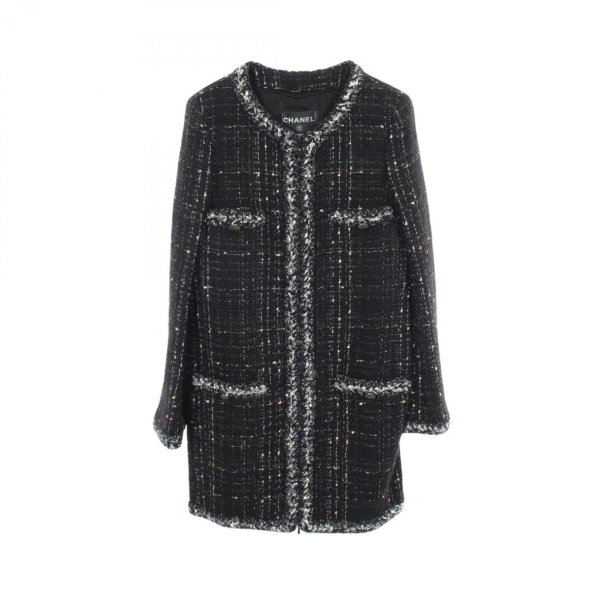 CHANEL Coco Mark Button Tweed Collarless Coat Navy Size 36