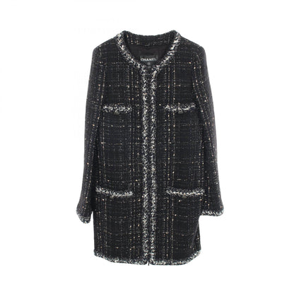 CHANEL Coco Mark Button Tweed Collarless Coat Navy Size 36