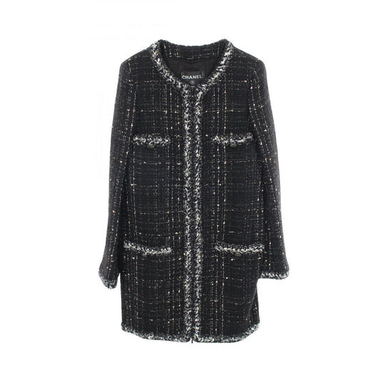 CHANEL Coco Mark Button Tweed Collarless Coat Navy Size 36