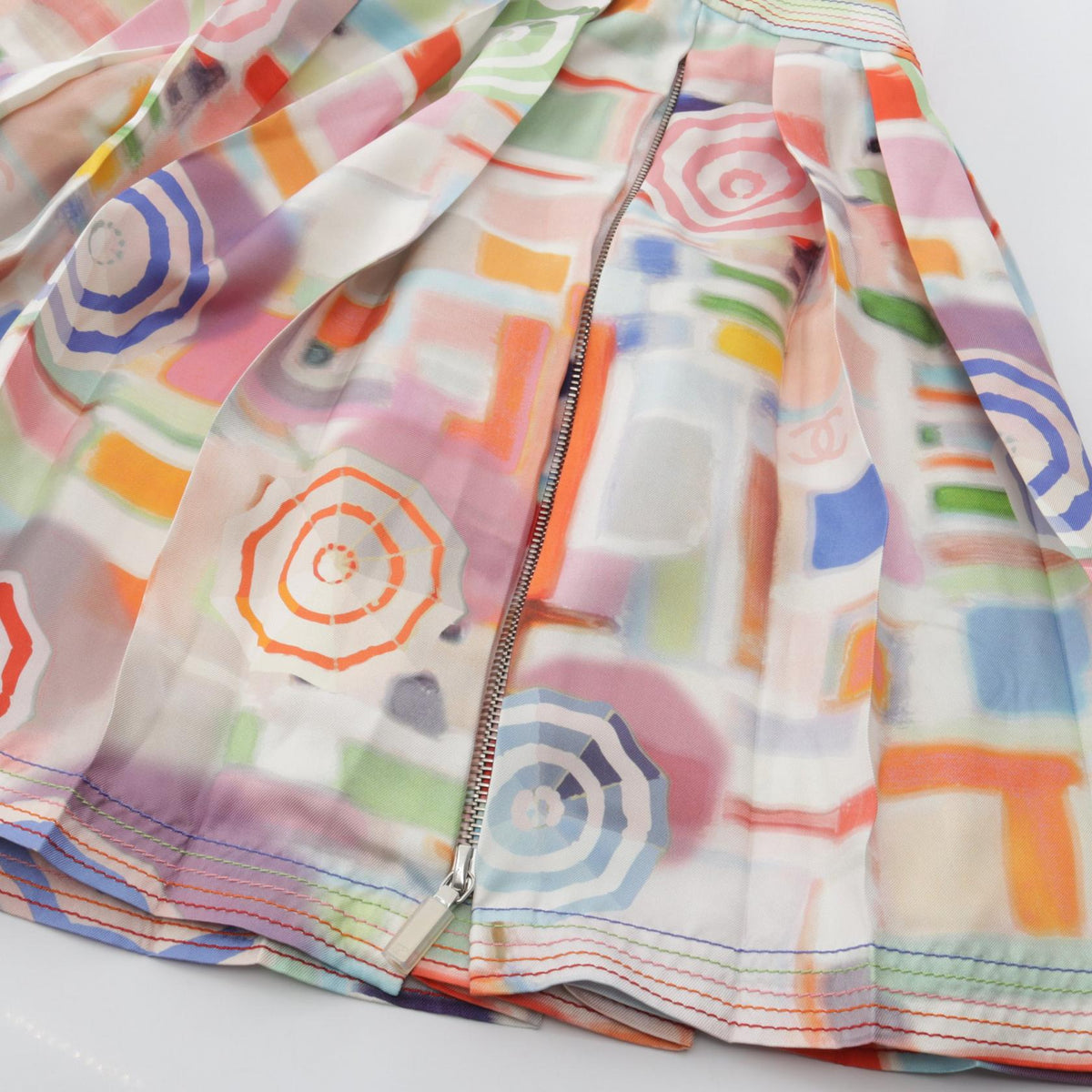 CHANEL Coco Mark Pleated Silk Skirt Size 38