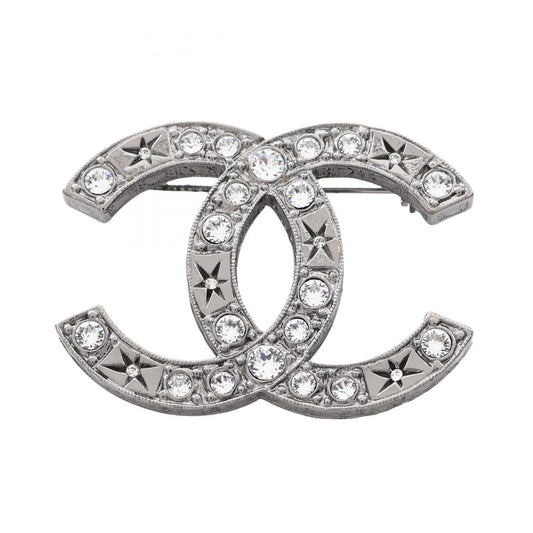 CHANEL CC Logo Metal Brooch Silver