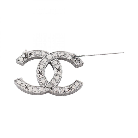 CHANEL CC Logo Metal Brooch Silver