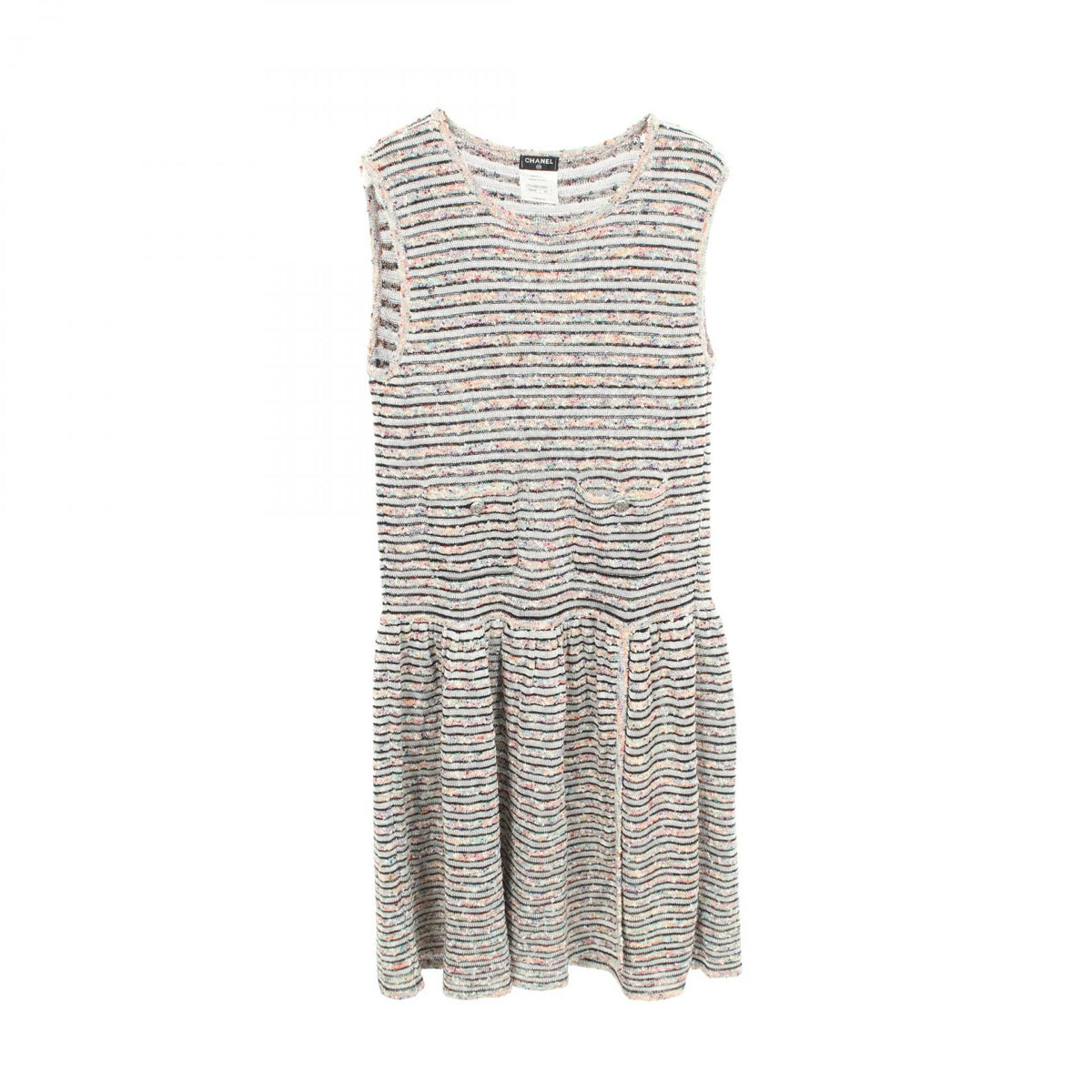 CHANEL Sleeveless Striped Rayon Cotton Dress White Size 44