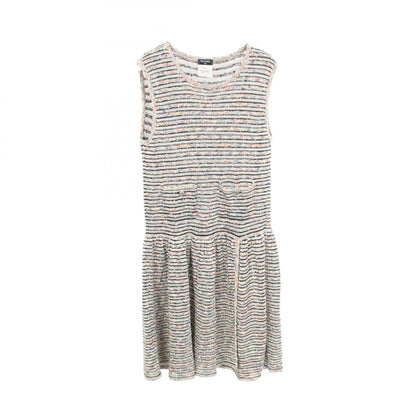 CHANEL Sleeveless Striped Rayon Cotton Dress White Size 44