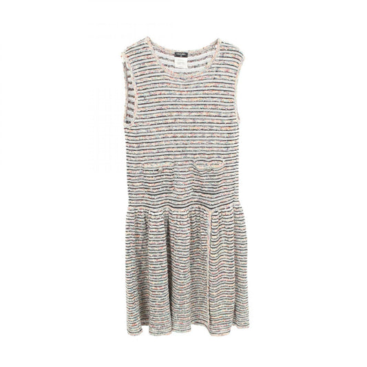 CHANEL Sleeveless Striped Rayon Cotton Dress White Size 44