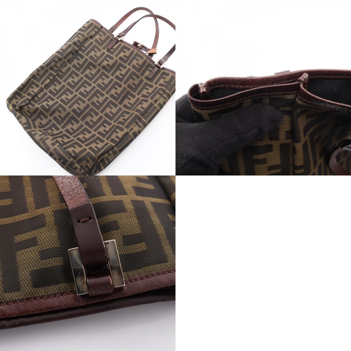 FENDI Zucca Canvas Leather Tote Bag Brown