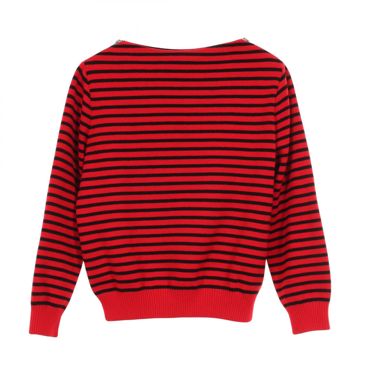 CELINE Striped Boat Neck Shoulder Zip Sweater Black Size L