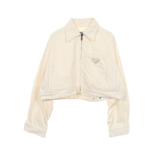 PRADA Triangle Plate Cropped Zip Denim Jacket White Size 36