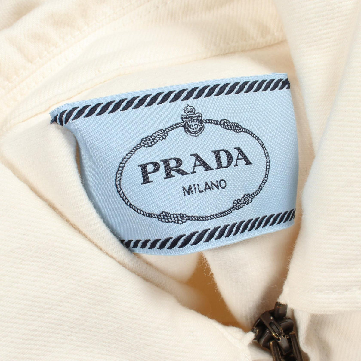 PRADA Triangle Plate Cropped Zip Denim Jacket White Size 36