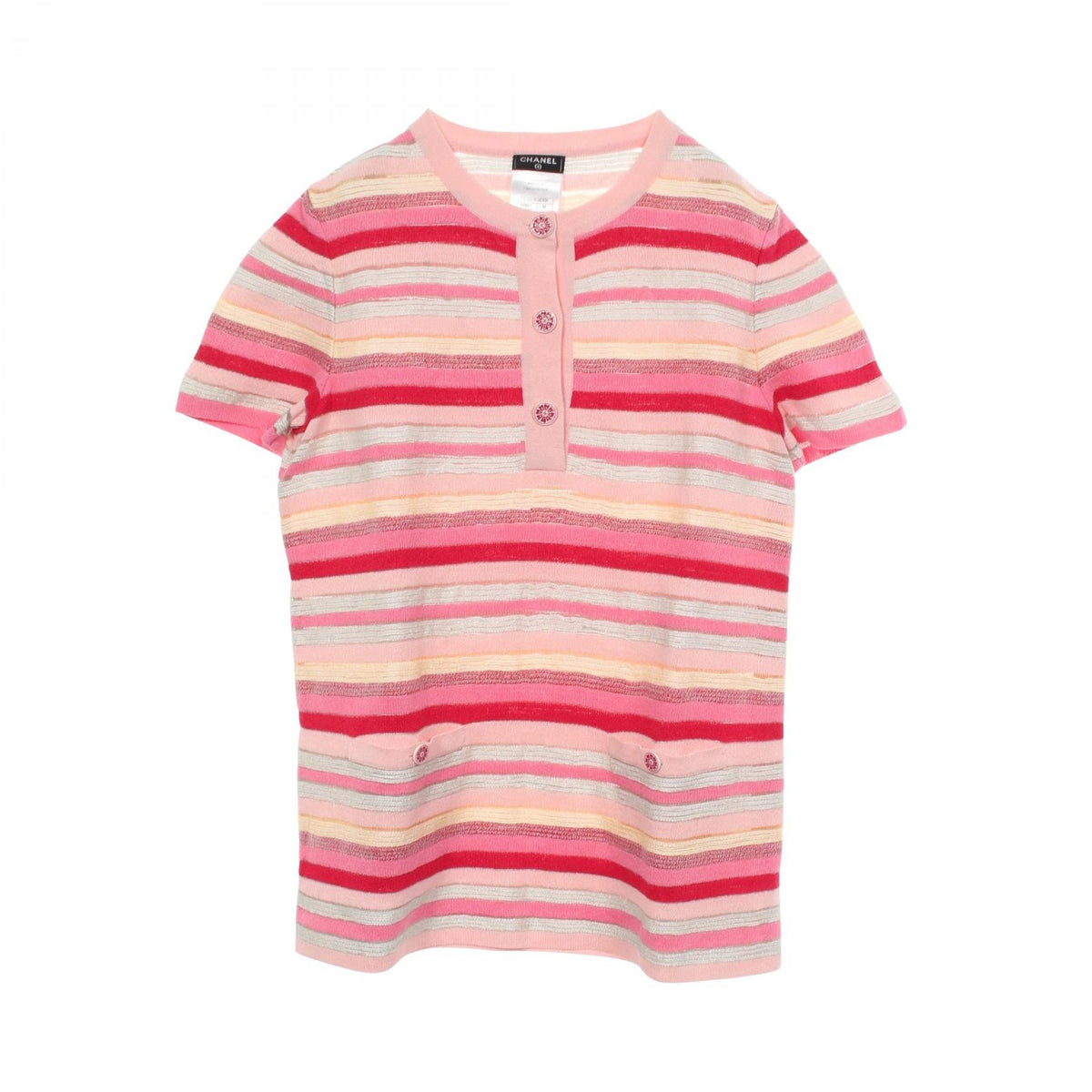 CHANEL CC Button Striped Henley Short Sleeve Top Size 38