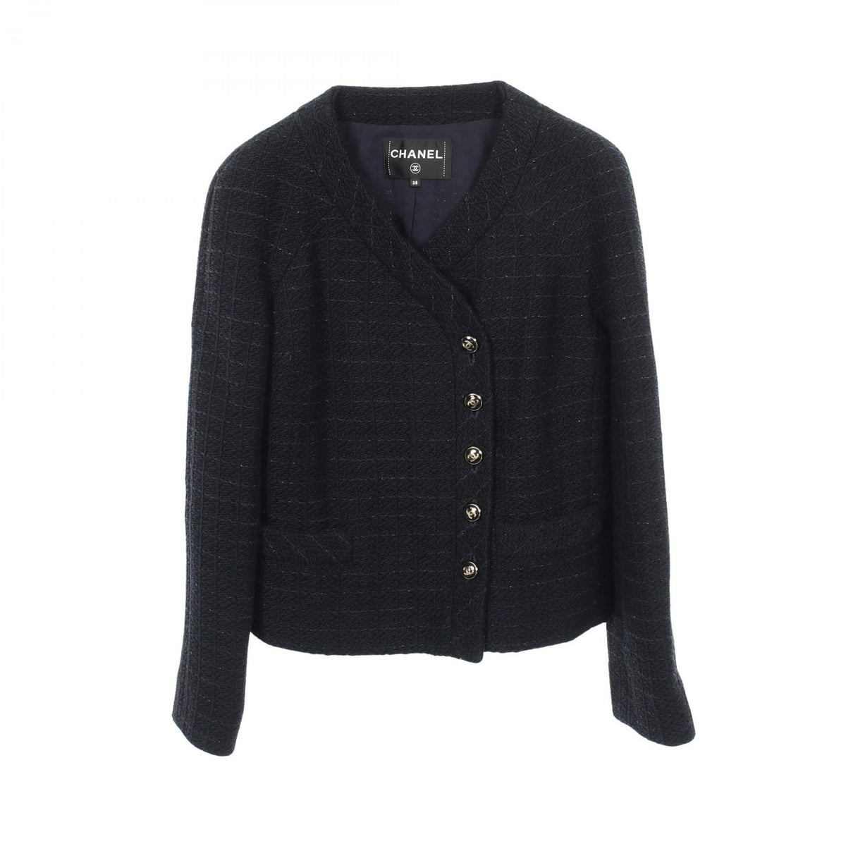 CHANEL Coco Mark Tweed Collarless Jacket Size 38