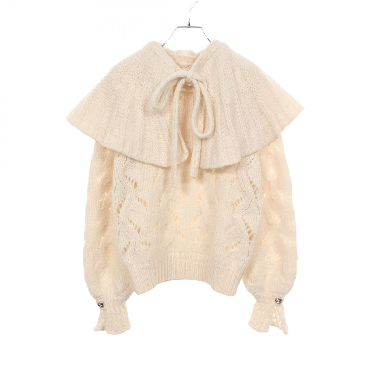 CHANEL Coco Mark Button Cable Knit Sweater White Size 34