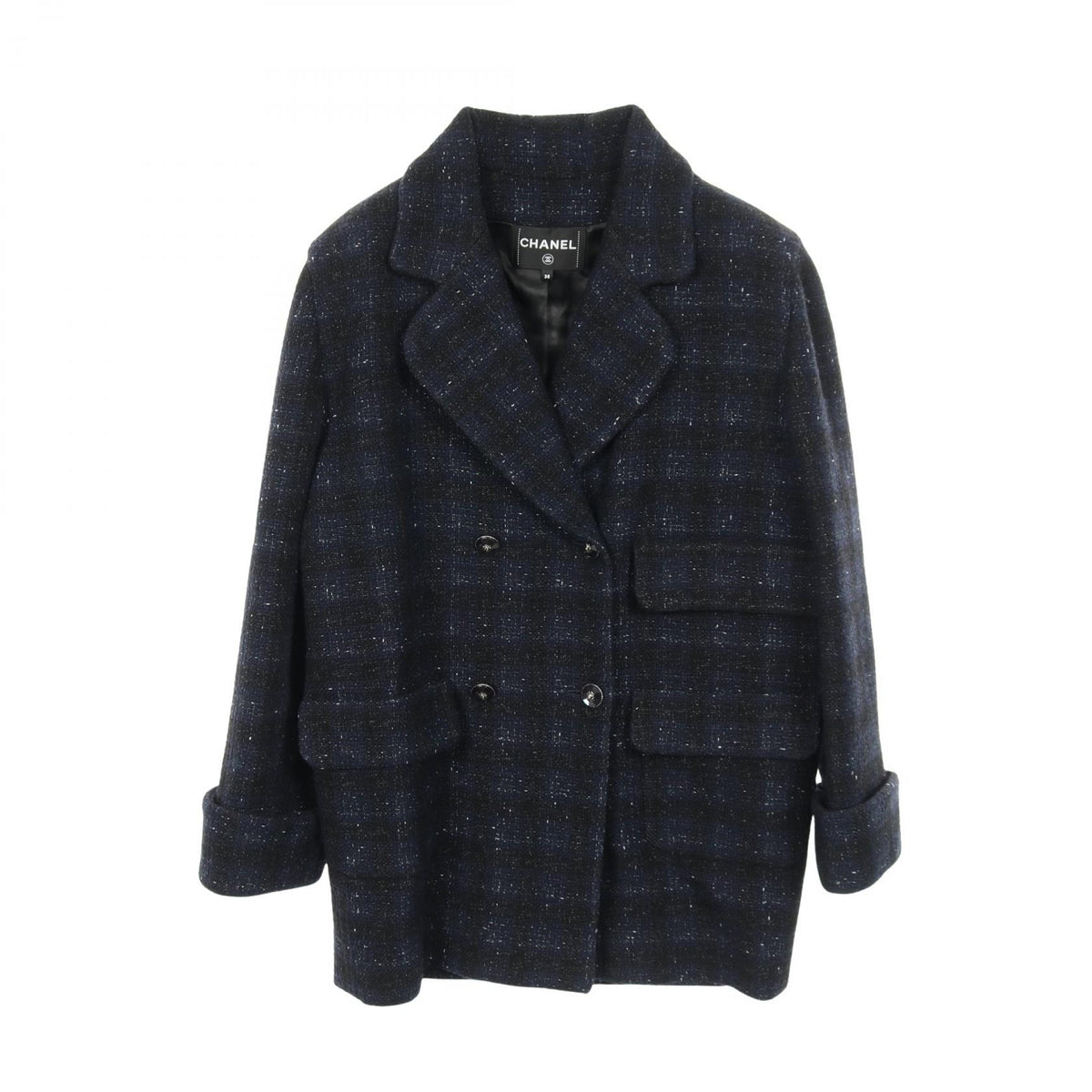 CHANEL Jeweled Lion Button Iridescent Wool Coat Blue Size 38