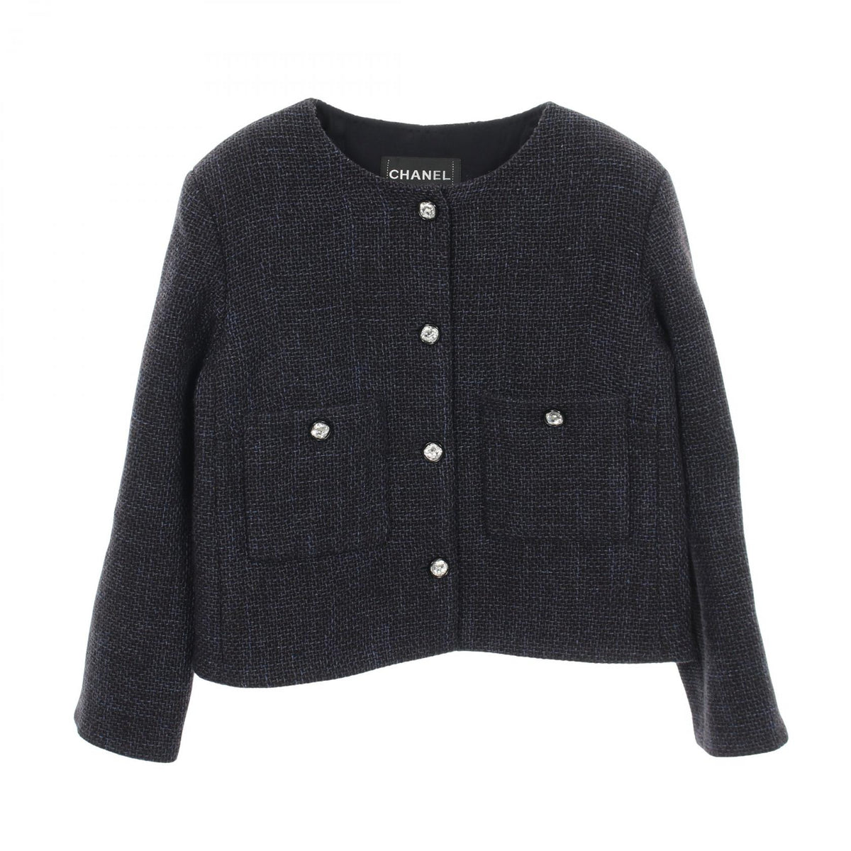 CHANEL Bijou Button Tweed Collarless Jacket Navy Size 36