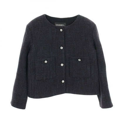 CHANEL Bijou Button Tweed Collarless Jacket Navy Size 36