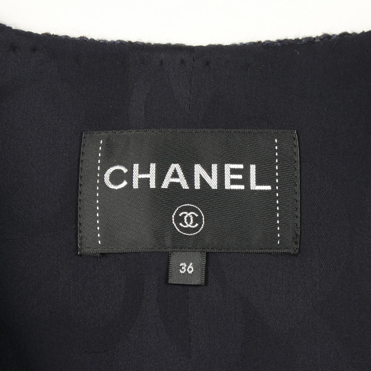 CHANEL Bijou Button Tweed Collarless Jacket Navy Size 36