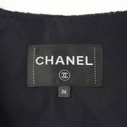 CHANEL Bijou Button Tweed Collarless Jacket Navy Size 36