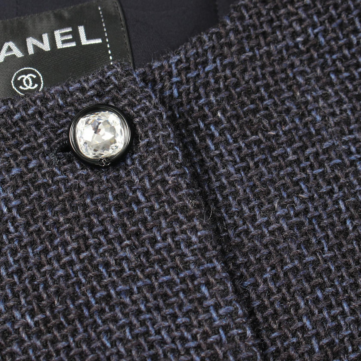 CHANEL Bijou Button Tweed Collarless Jacket Navy Size 36
