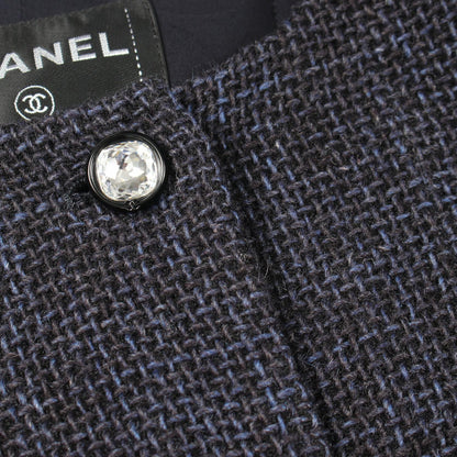 CHANEL Bijou Button Tweed Collarless Jacket Navy Size 36