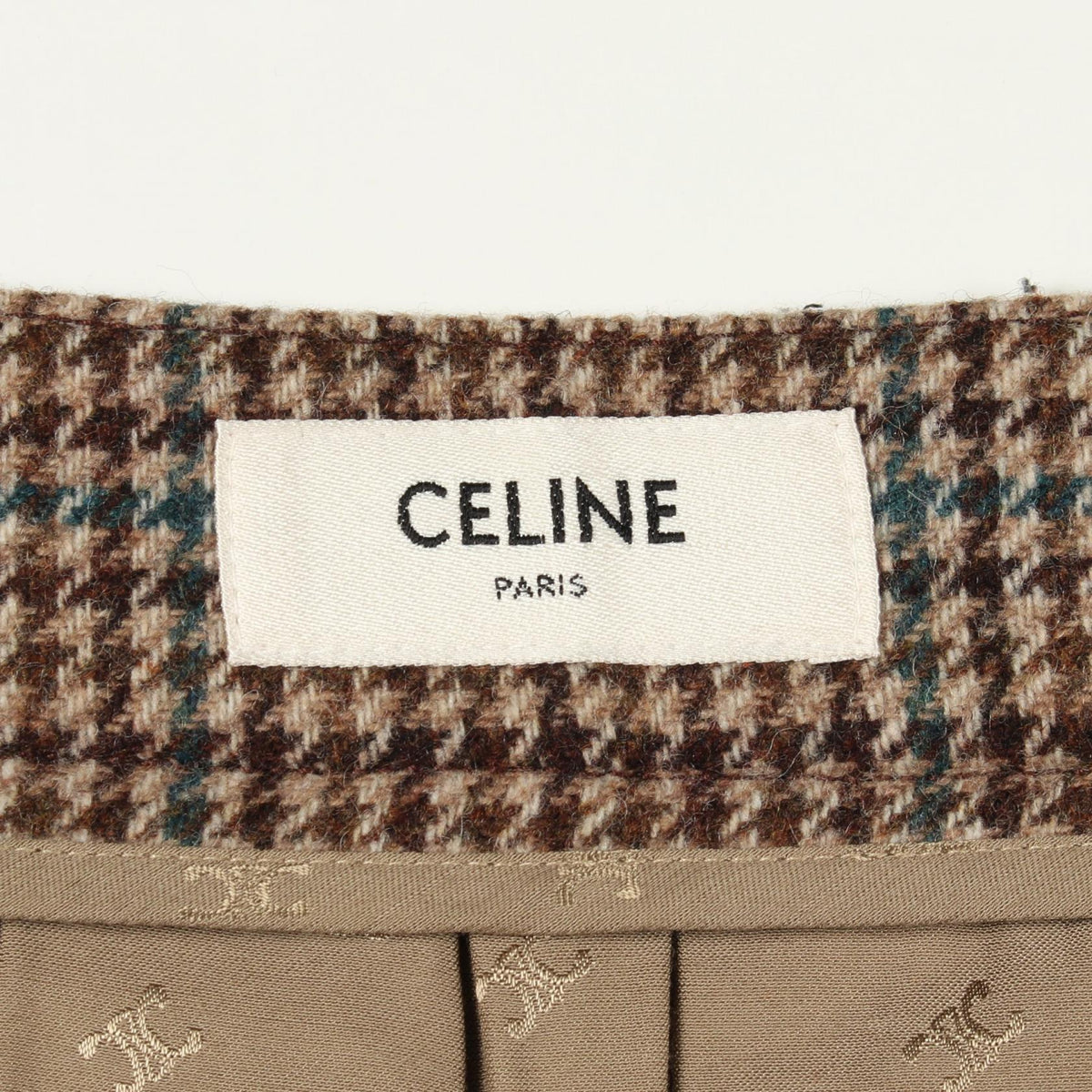 CELINE Houndstooth Pleated Wool Skirt Brown Size 34