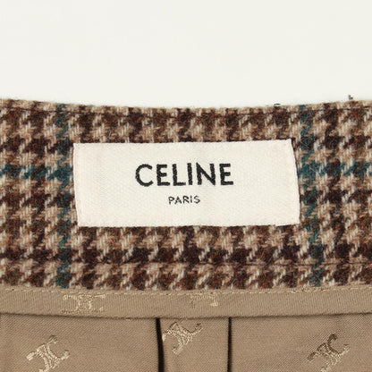 CELINE Houndstooth Pleated Wool Skirt Brown Size 34