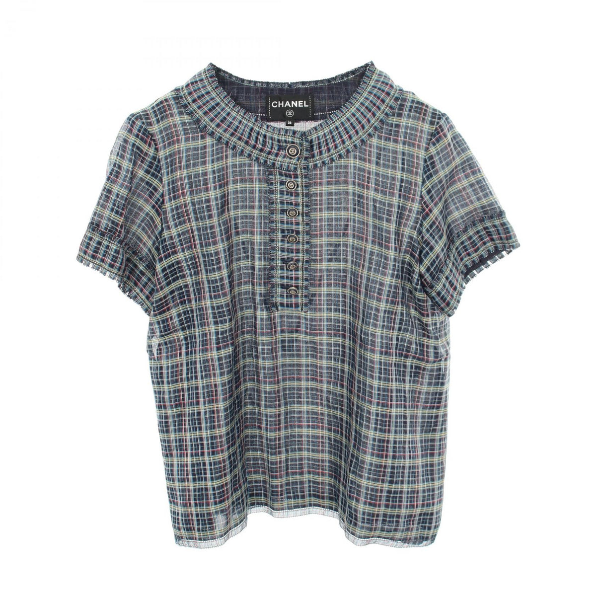 CHANEL Coco Mark Button Check Silk Blouse Size 36