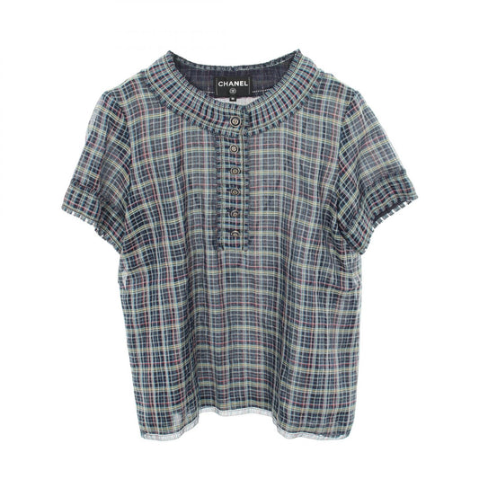 CHANEL Coco Mark Button Check Silk Blouse Size 36