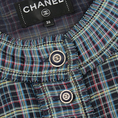 CHANEL Coco Mark Button Check Silk Blouse Size 36
