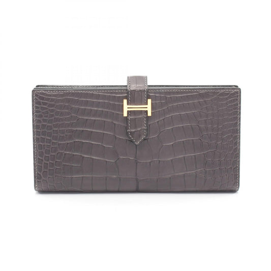 HERMES Béarn Soufflet Graphite Alligator Long Wallet