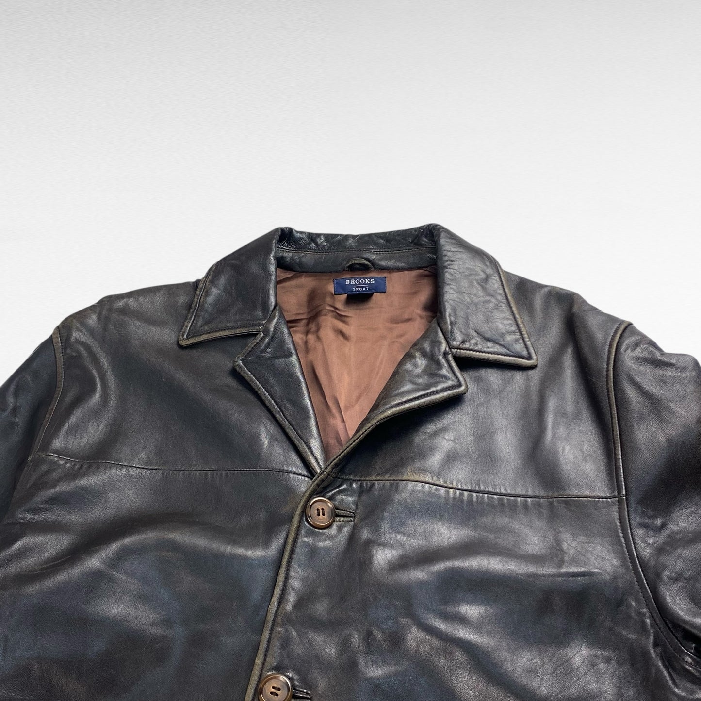 BROOKS SPORT Open Collar Leather Coat Brown Size L
