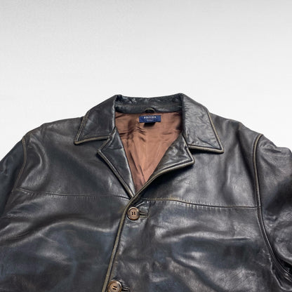 BROOKS SPORT Open Collar Leather Coat Brown Size L