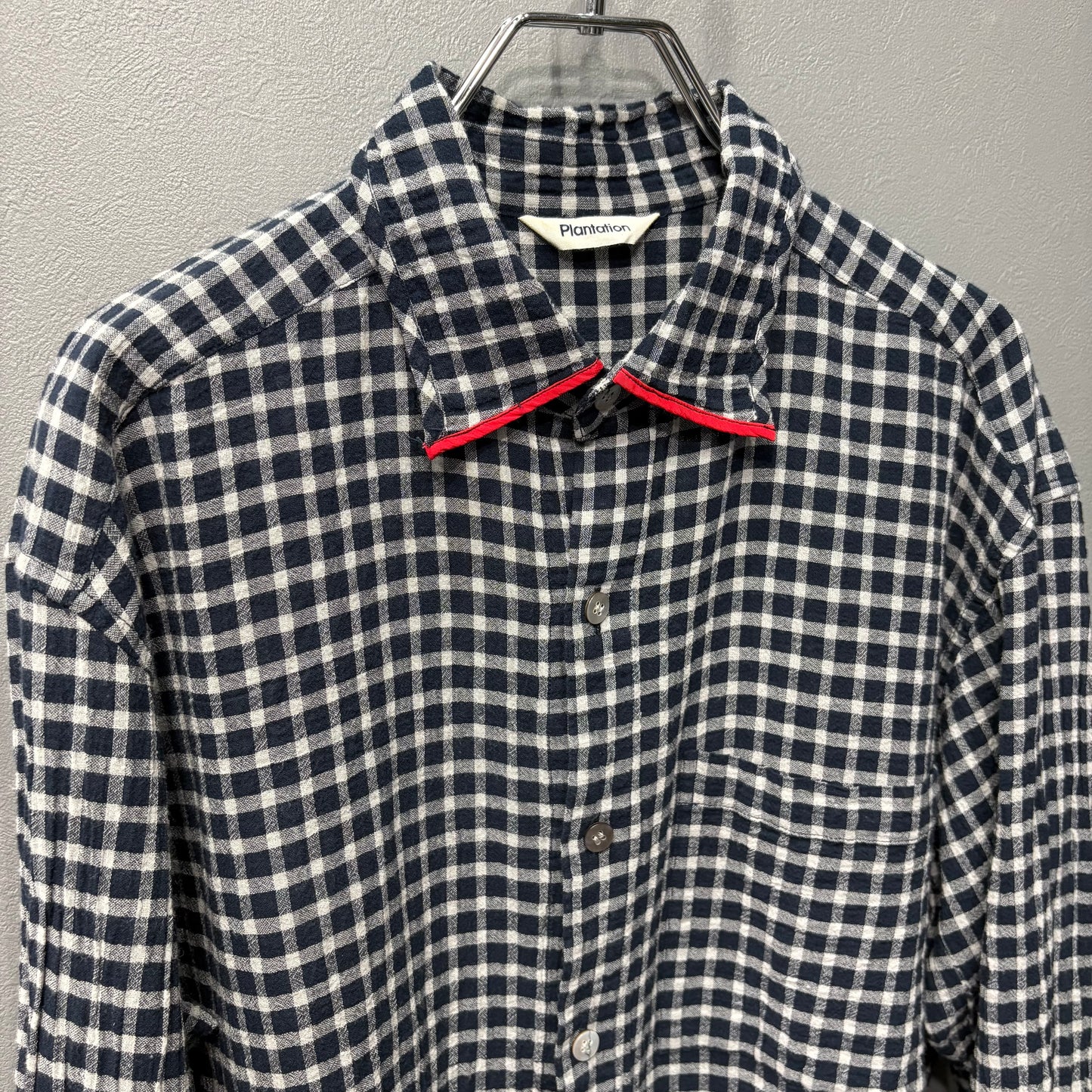 Plantation 95SS Navy Crinkled Plaid Shirt Size M