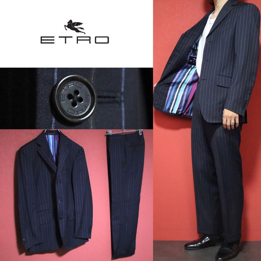 Etro Blue Multicolor Striped Lining Wool Silk Suit Size 44