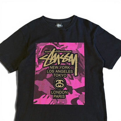 Vintage Stussy Yokohama T-Shirt Black Pink Gold Size MEDIUM