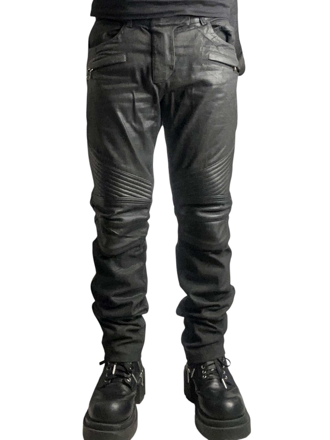 Balmain Black Coated Leather Paneled Biker Jeans