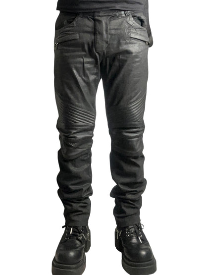 Balmain Black Coated Leather Paneled Biker Jeans