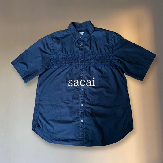 sacai SS18 Cotton Smocked Short-Sleeve Shirt Navy Size L