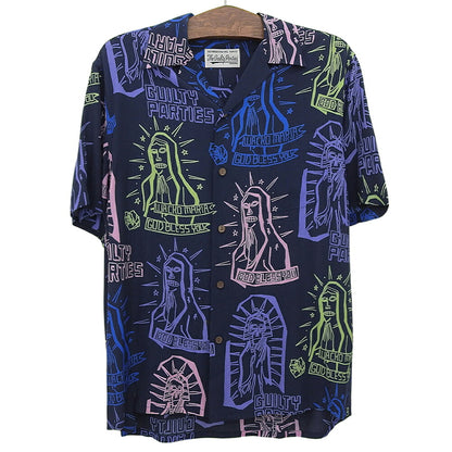 WACKO MARIA Rayon Painted Short Sleeve Shirt Navy Size M