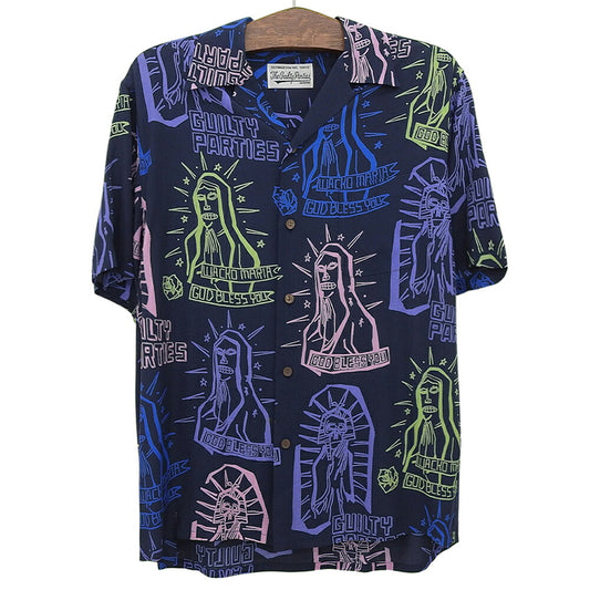 WACKO MARIA Rayon Painted Short Sleeve Shirt Navy Size M