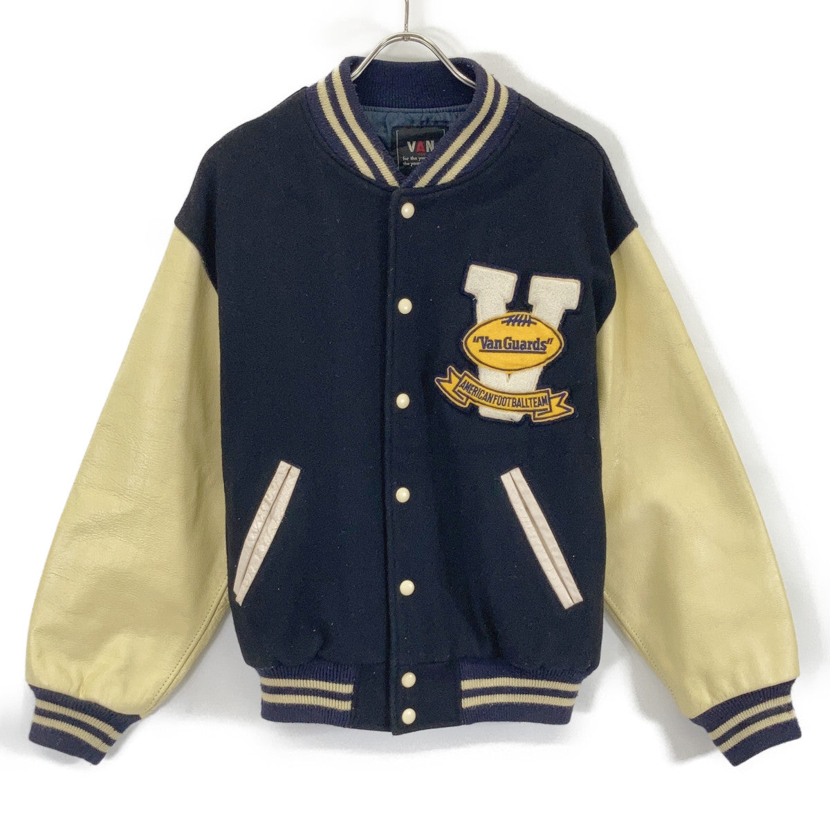 VAN JACKET 80s-90s Beige Navy Varsity Jacket Size L