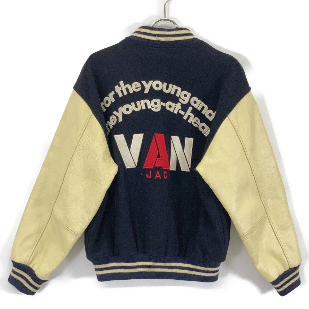 VAN JACKET 80s-90s Beige Navy Varsity Jacket Size L