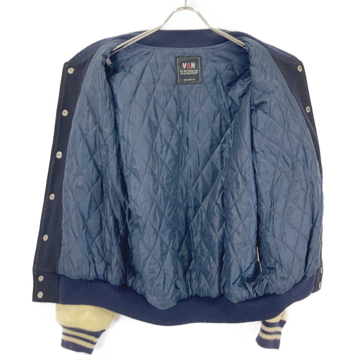 VAN JACKET 80s-90s Beige Navy Varsity Jacket Size L
