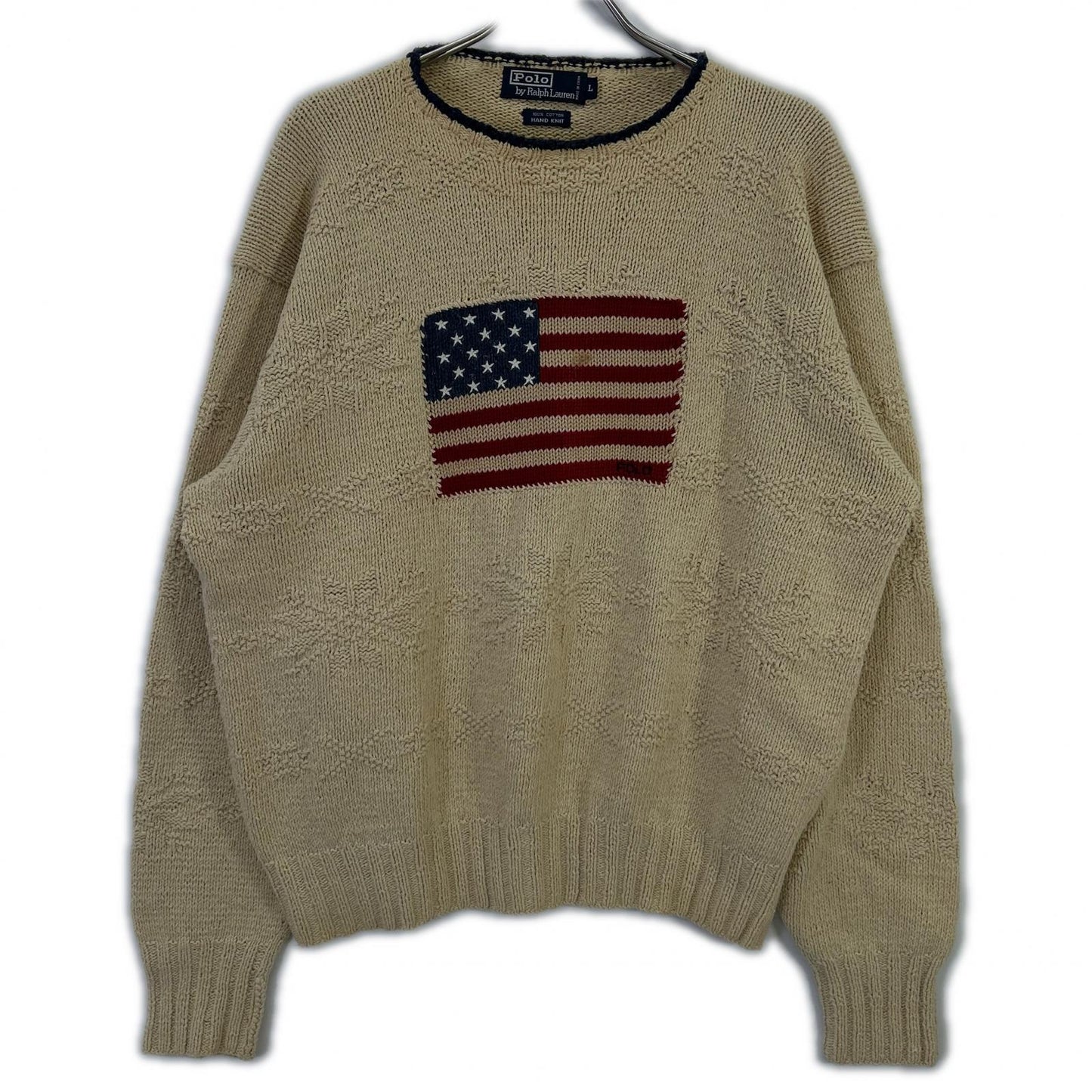 POLO RALPH LAUREN Ivory Flag Embroidered Cotton Knit Size L