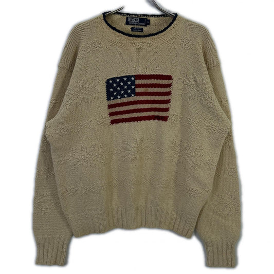 POLO RALPH LAUREN Ivory Flag Embroidered Cotton Knit Size L