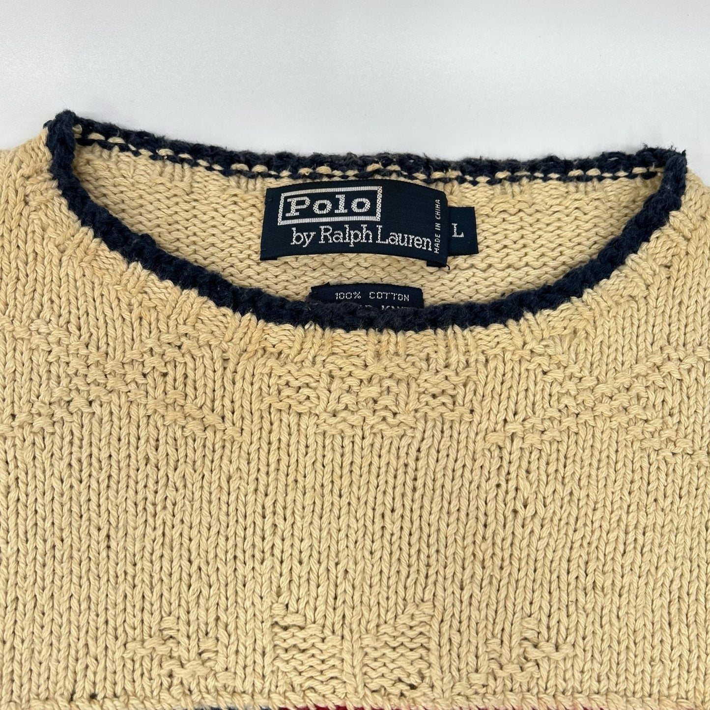 POLO RALPH LAUREN Ivory Flag Embroidered Cotton Knit Size L
