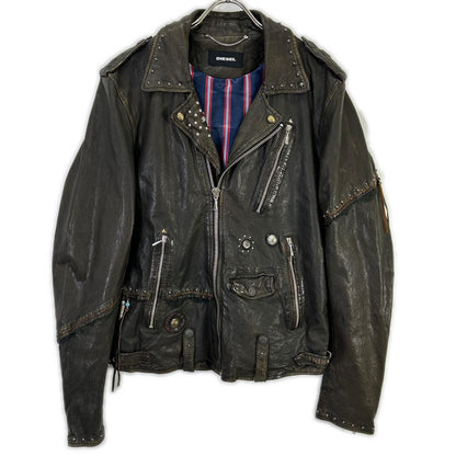 DIESEL Studded Distressed Brown Leather Jacket Size 48