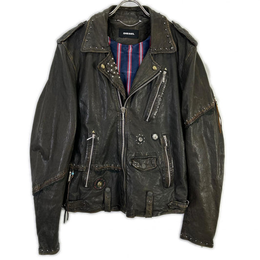 DIESEL Studded Distressed Brown Leather Jacket Size 48