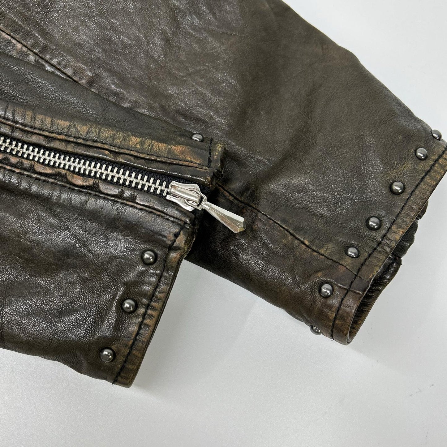 DIESEL Studded Distressed Brown Leather Jacket Size 48